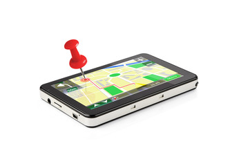 Red pin stucked in a GPS device isolated on white