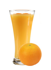 orange juice in glass and fresh orange fruit isolated on white
