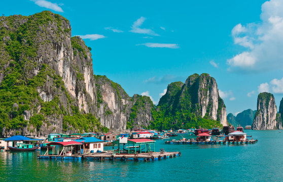 View of floating village in Halong Bay