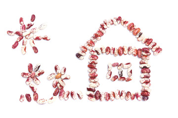 haricot beans in the shape of a house and flowers on white