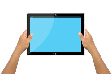 a male hand holding a touchpad pc, blue background