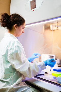 Researcher works at lab in a laminar box