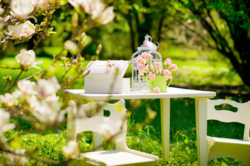 Table with chairs in a beautiful blooming garden