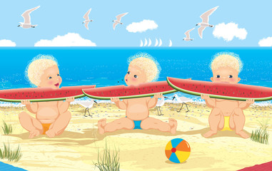 Happy children eating watermelon on the beach