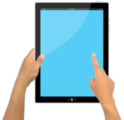 Isolated a male hand holding a touchpad pc blue background