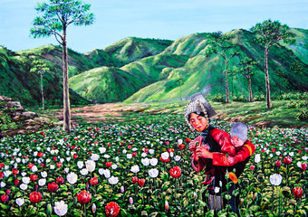 Mum and her son in the flower garden