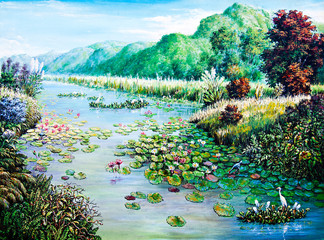 White and Red lotus in the river of oil painting