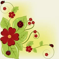 Poster Mooie kaart met lieveheersbeestjes en rode bloemen © ykononova