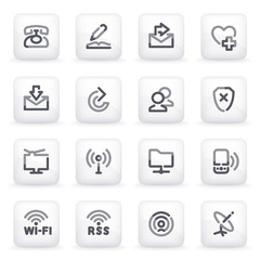 Communication icons on gray buttons.