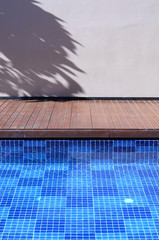 deep blue swimming pool with path, wall and tree shadow