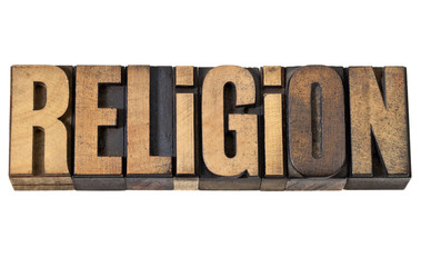 religion word in vintage wood type