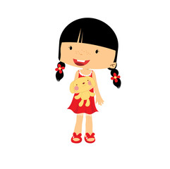 Kleines Mädchen mit einem Spielzeug-Kaninchen in den Händen auf