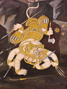 Hanuman, Mural painting in Thai royal temple, Ramayana