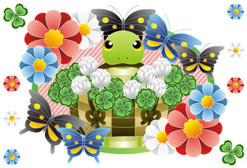 2013年巳年年賀状用イラスト素材（クローバーカラフル白地）