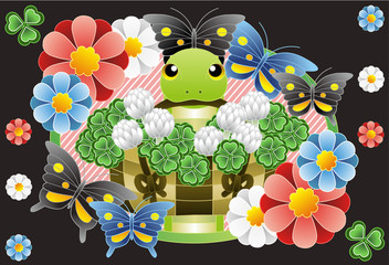 2013年巳年年賀状用イラスト素材（クローバーカラフル黒地）