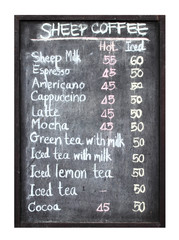 sheep coffee menu on blackboard