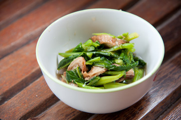 Stir-fried mix colorful vegetables in white round bowl