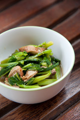Stir-fried mix colorful vegetables in white round bowl