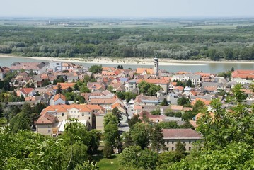 Fototapeta na wymiar View on Hainburg with Danube from castle Schlossberg, Austria