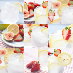 collage of cocktail with ice,lemon, fig and strawberries on a pl