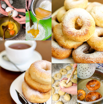 Donuts making collage. Six photos.