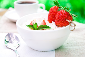 Delicious strawberry dessert with fresh peppermint