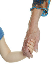 Grandmother and grandchild taking each other by the hand - obrazy, fototapety, plakaty