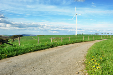 Fototapeta na wymiar Eco landscape with country road and wind turbine