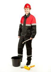 Cheerful construction worker with special tools