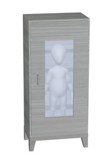 3d render of cartoon character with cabinet