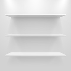 Empty white shelves on light grey background