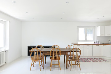 interior house, large modern kitchen, dining table
