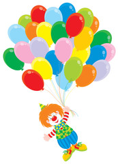 Fototapeta na wymiar Circus clown flies with balloons