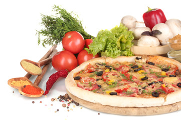 delicious pizza, vegetables and spices  isolated on white