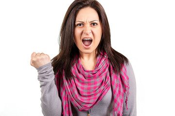 Portrait of a emotional young female on white backgroun