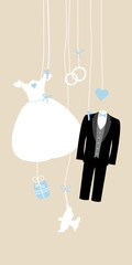 Card Hanging Wedding Symbols Blue Beige Background