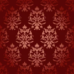 Deurstickers Seamless Flowers/Leafs Damask Pattern Dark Red © Jan Engel