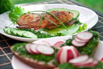 Fried carp with vegetables