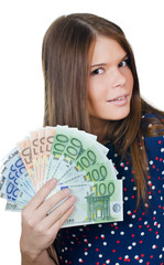 The beautiful girl with euro banknotes