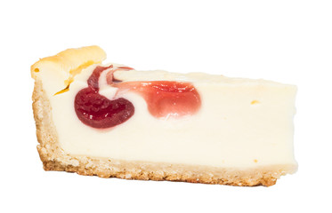 Closeup of a slice of cherry cheesecake on a white background
