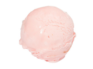 Scoop of strawberry ice cream from top on white background