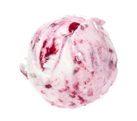 Scoop of strawberry ice cream from top on white background
