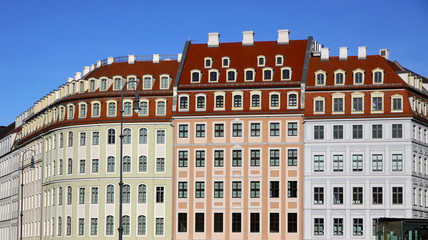 Close-up colourful buildings at Neumarkt square in Dresden