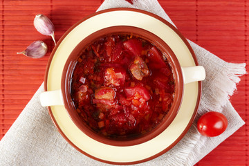 Russian cuisine. Borscht closeup