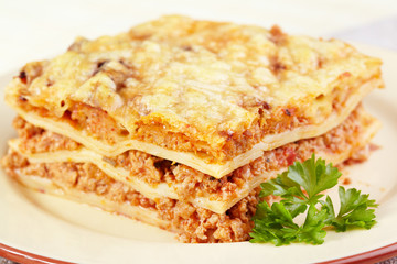 Italian cuisine. Meat lasagna closeup