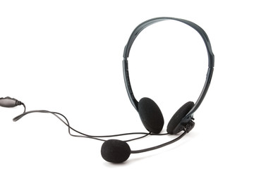 Closeup of a black headset isolated on white background