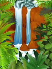 Crédence de cuisine en verre imprimé Animaux de la forêt Forêt tropicale avec cascade