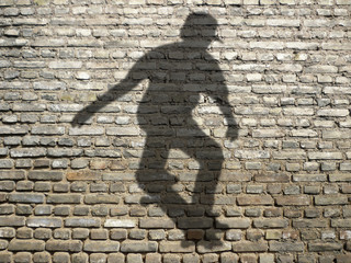 ombre de skate-boarder sur mur en briques