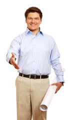 Happy man with blueprints offering handshake isolated