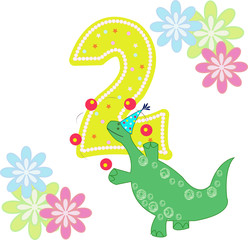 Number two with a dinosaur and flowers